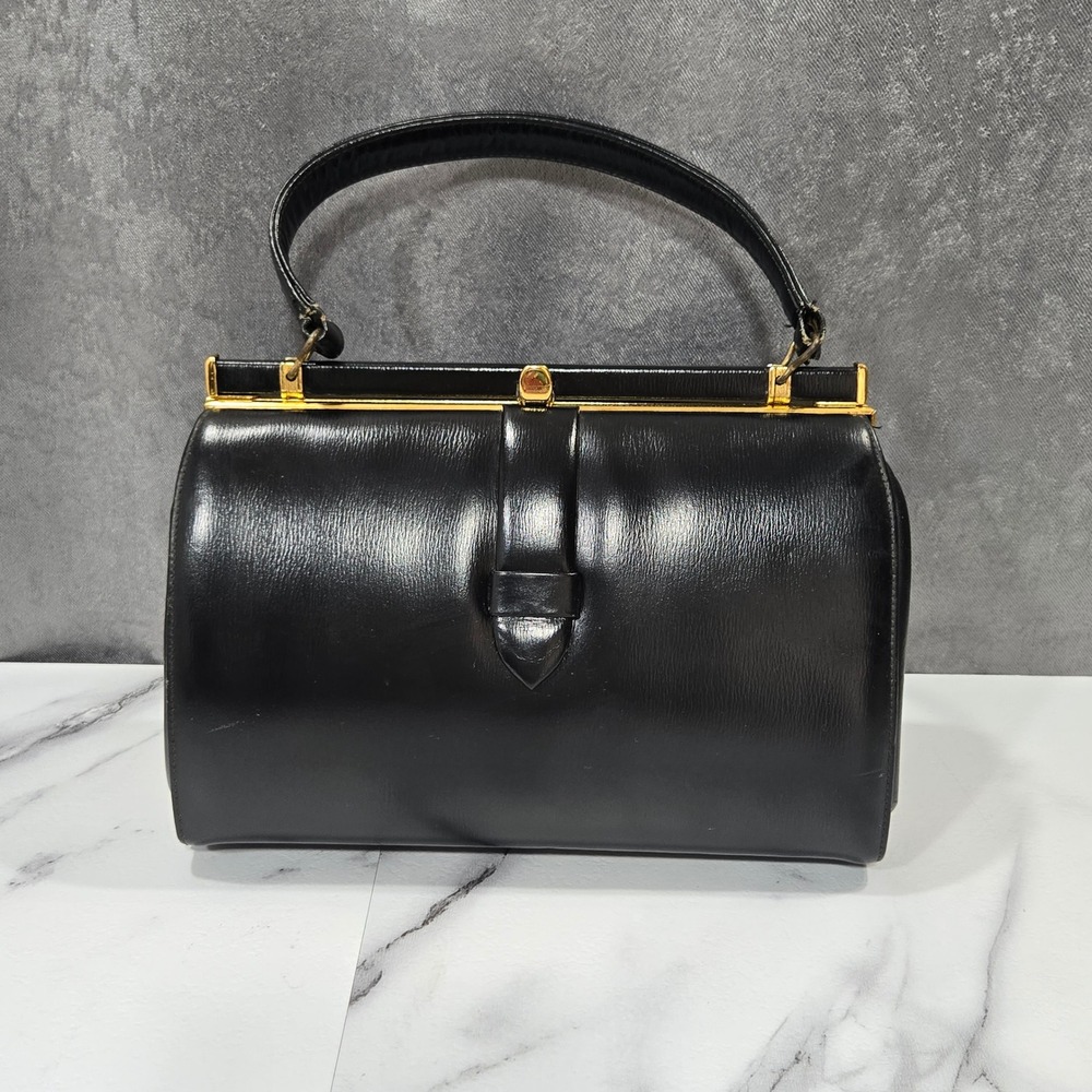 VTg 50s 60s Black Leather Kelly Frame Handbag Top Handle Purse Canada Mad Men